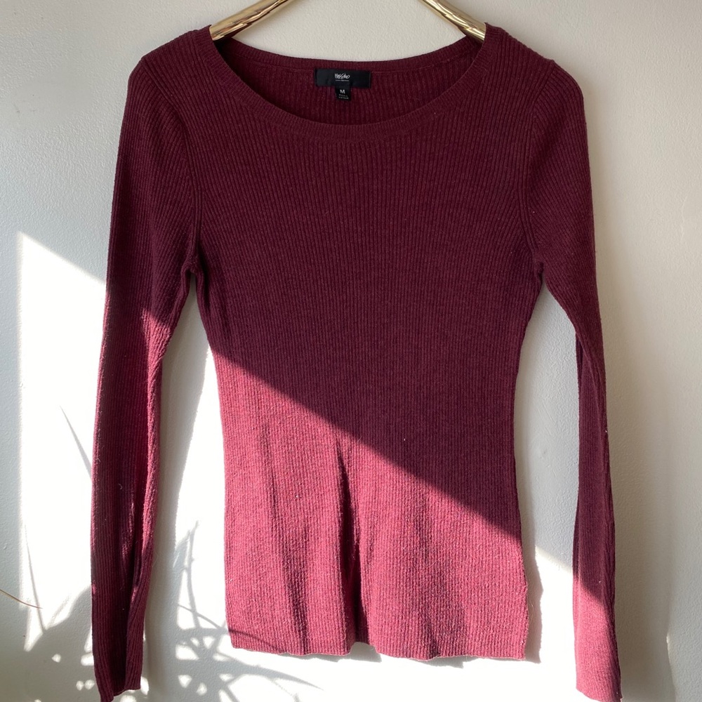 Maroon Ribbed Long Sleeve Sweater Material Top